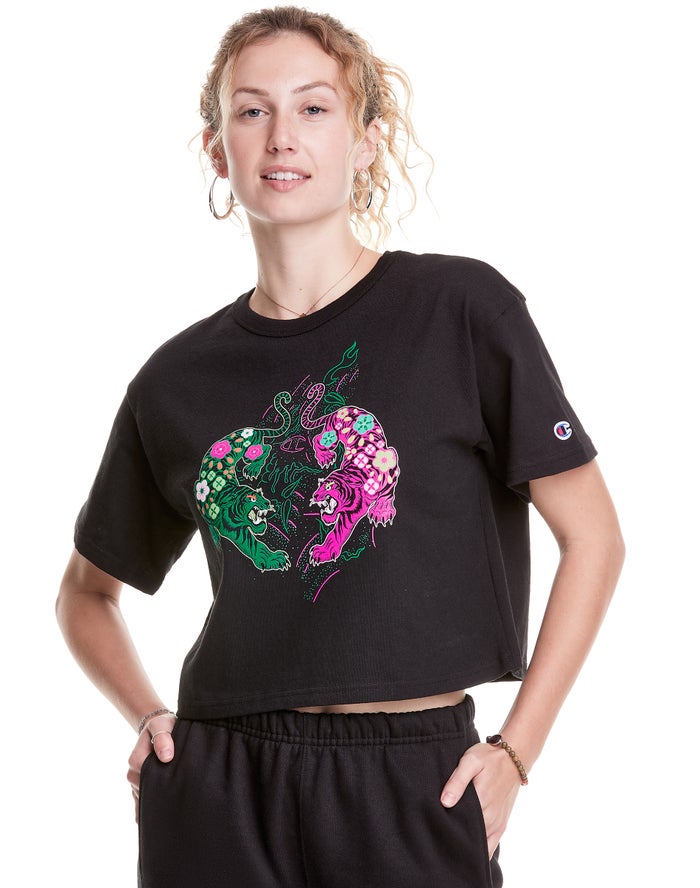 Champion Heritage Cropped Year Of The Tiger T-Shirt Dames - Zwart - Belgie 3615ISRXL